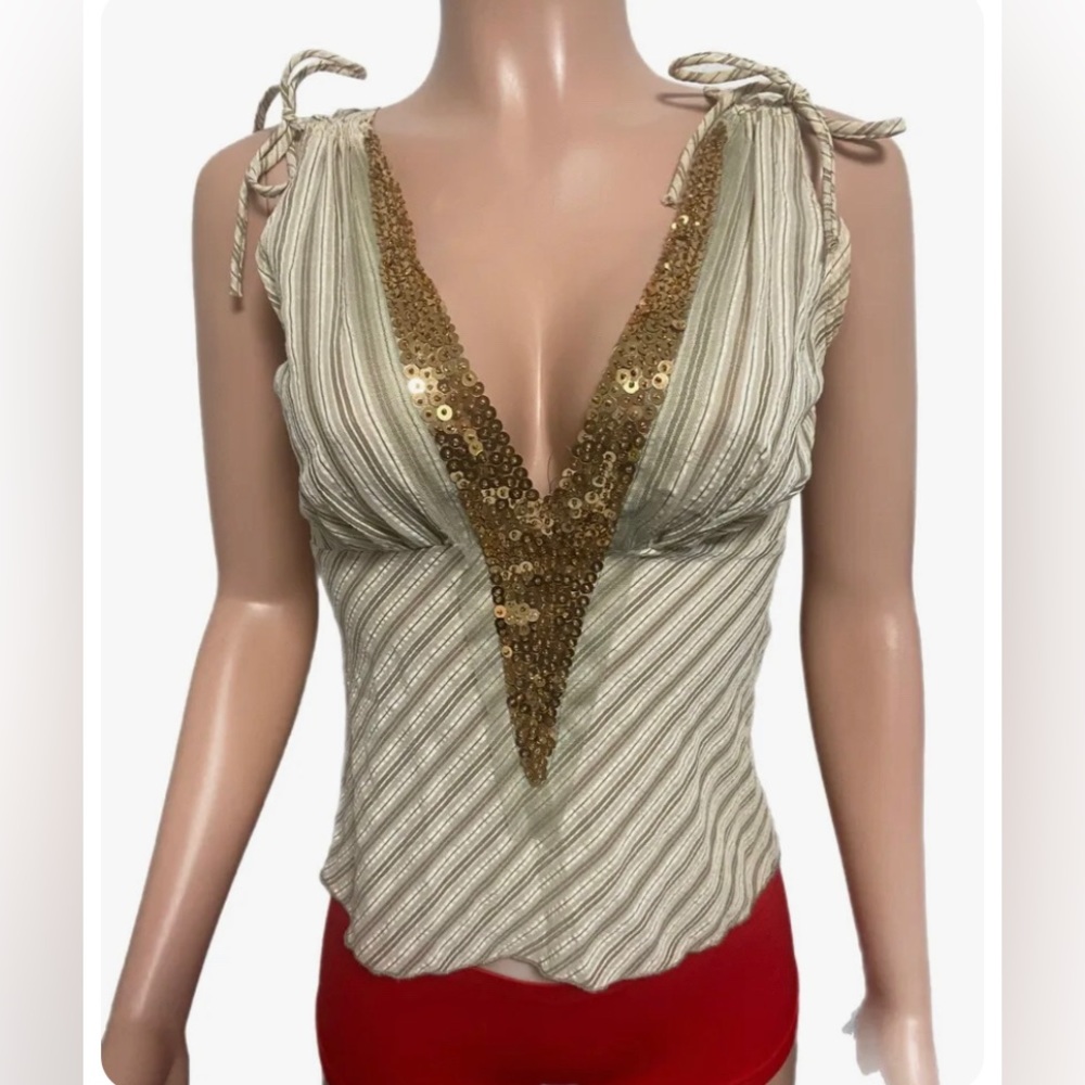 V2K 2000’s Tan Striped Gold Sequin trim Ties at back fitted Lightweight blouse